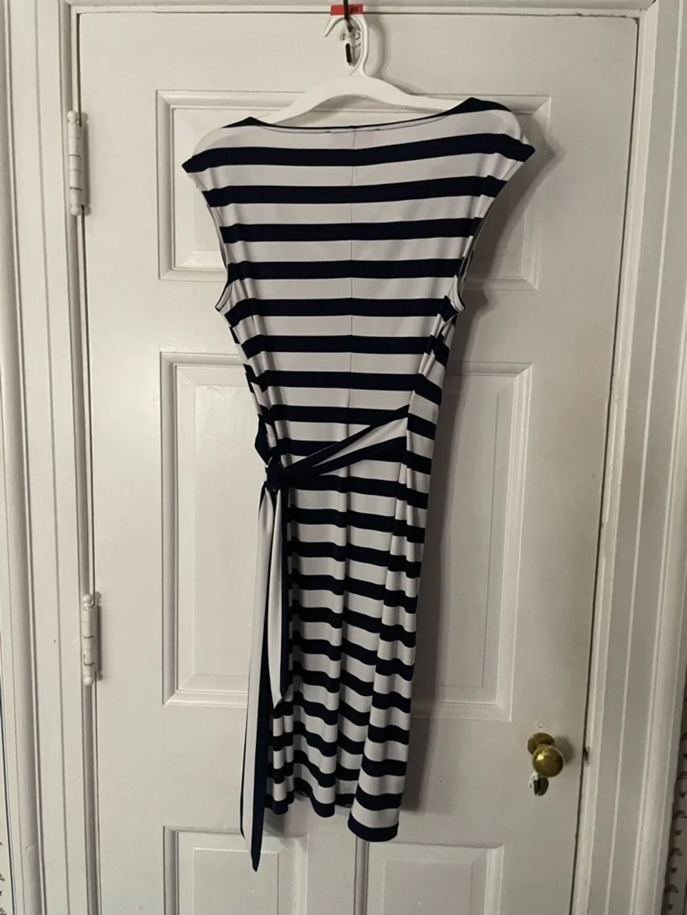 Striped Navy and White Midi Dress with Draped Waist - Picture 2 of 3